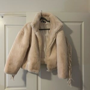 Blue Revival Women’s Cream Faux Fur Jacket with Fringe, size large.
